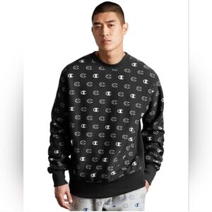 Champion Sweatshirt Men's Size Medium Crew Black White All Over Logo